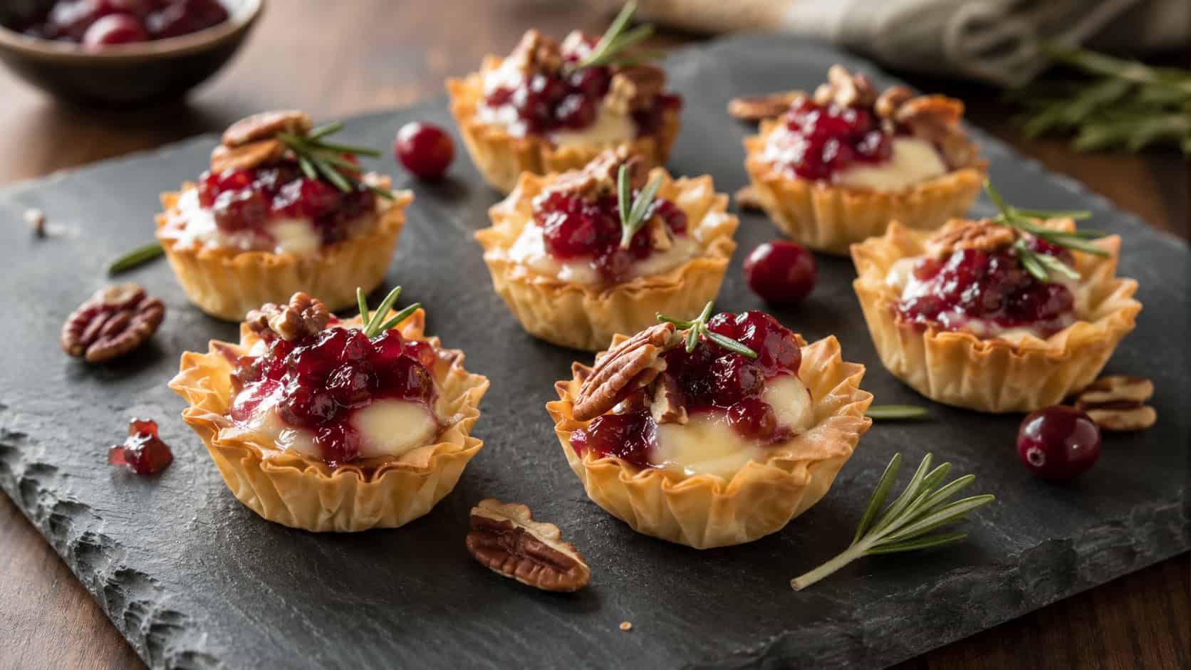 cranberry brie bites in golden phyllo cups on a slate board in a wide horizontal shot, melted cheese and ruby cranberry, pecans and rosemary, warm natural light, shallow depth of field, landscape orientation