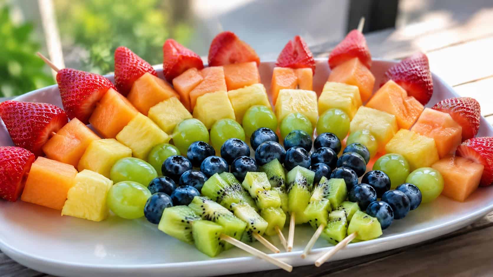 rainbow fruit skewers fanned out on a white platter in a wide horizontal shot, vibrant strawberries, pineapple, grapes, blueberries, and kiwi, bright natural light, shallow depth of field, landscape orientation