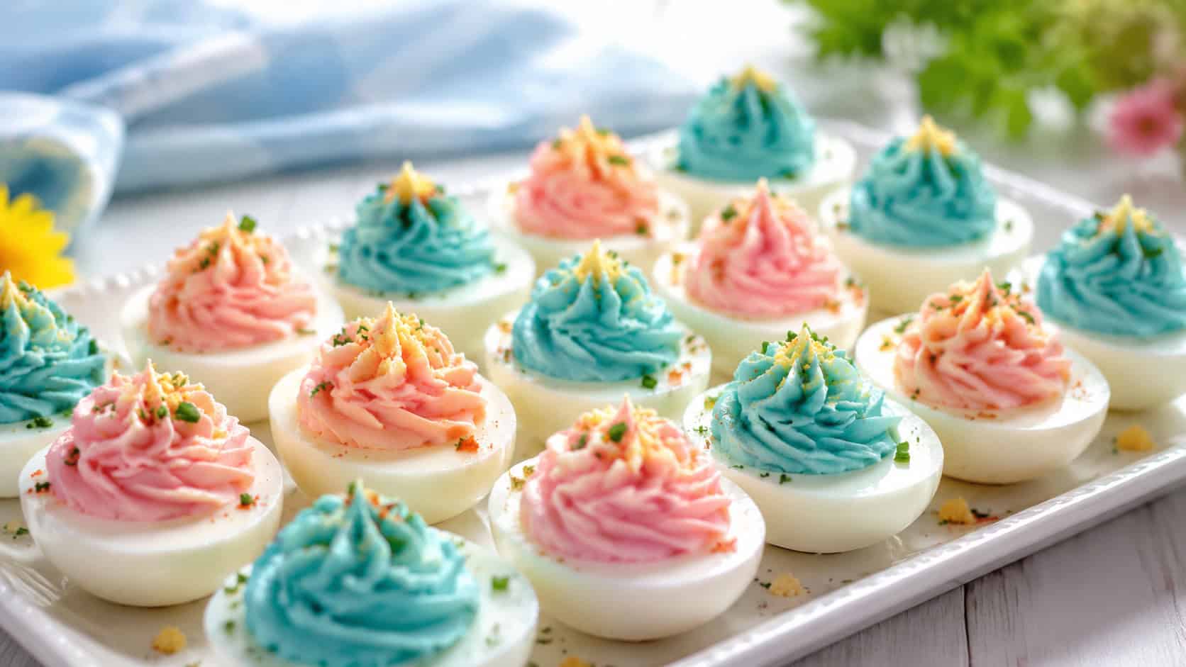 deviled eggs with pink and blue fillings arranged on a white platter in a wide horizontal shot, piped swirls, light garnish, bright cheerful natural light, shallow depth of field, landscape orientation
