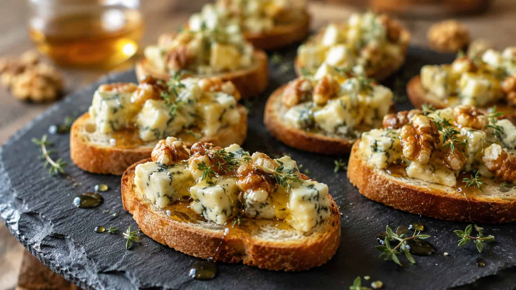 blue cheese and walnut crostini on a slate board in a wide horizontal shot, honey drizzle glistening, fresh thyme, warm natural light, shallow depth of field, landscape orientation