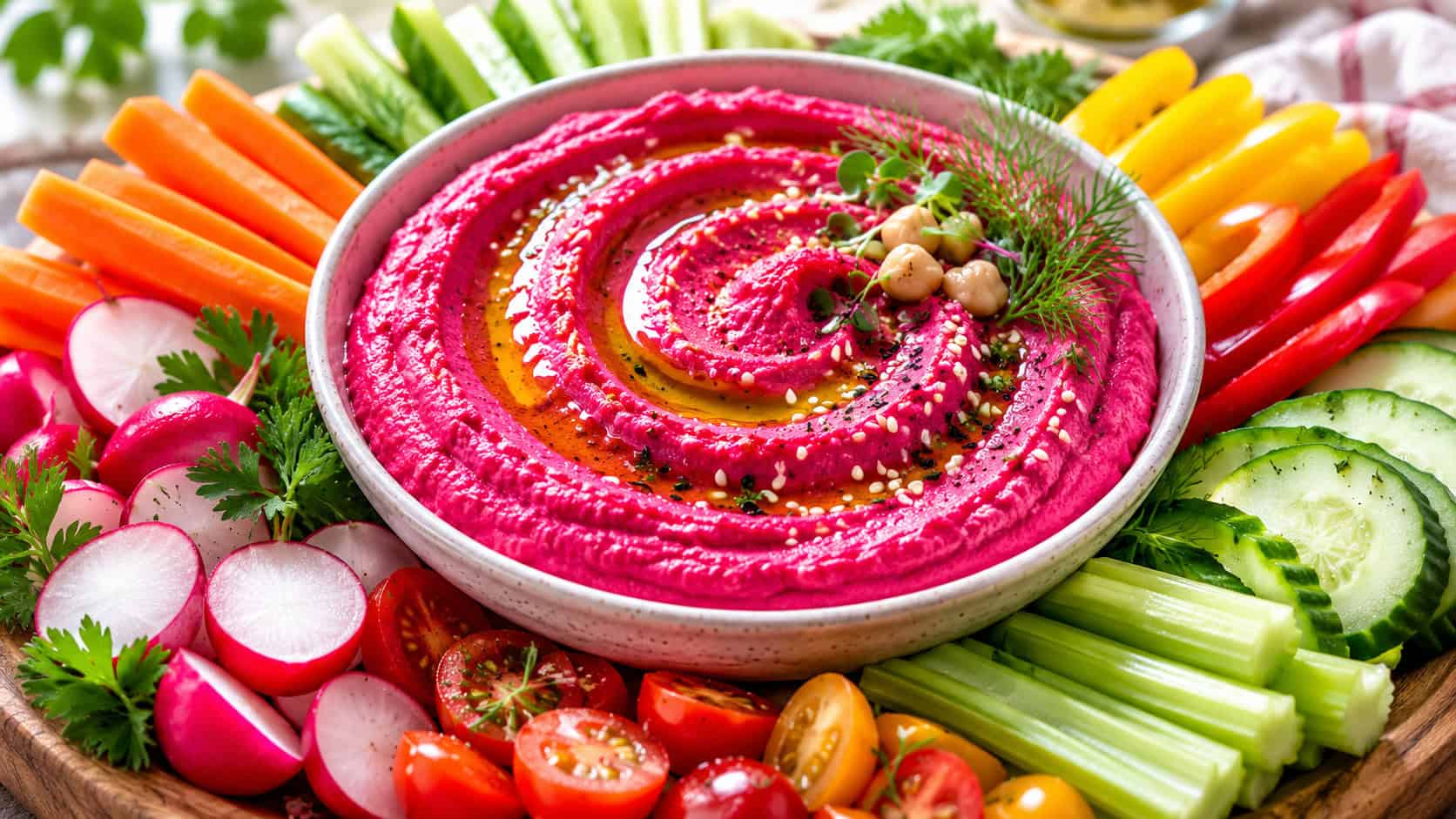 vibrant pink beet hummus in a bowl surrounded by colorful veggie sticks on a wide board in a horizontal shot, swirled top, drizzle of oil, bright natural light, shallow depth of field, landscape orientation