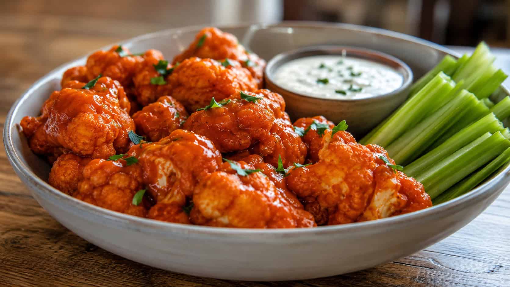 buffalo cauliflower bites in a wide shallow bowl in a horizontal shot, glossy red sauce, celery sticks and dip alongside, warm natural light, shallow depth of field, landscape orientation