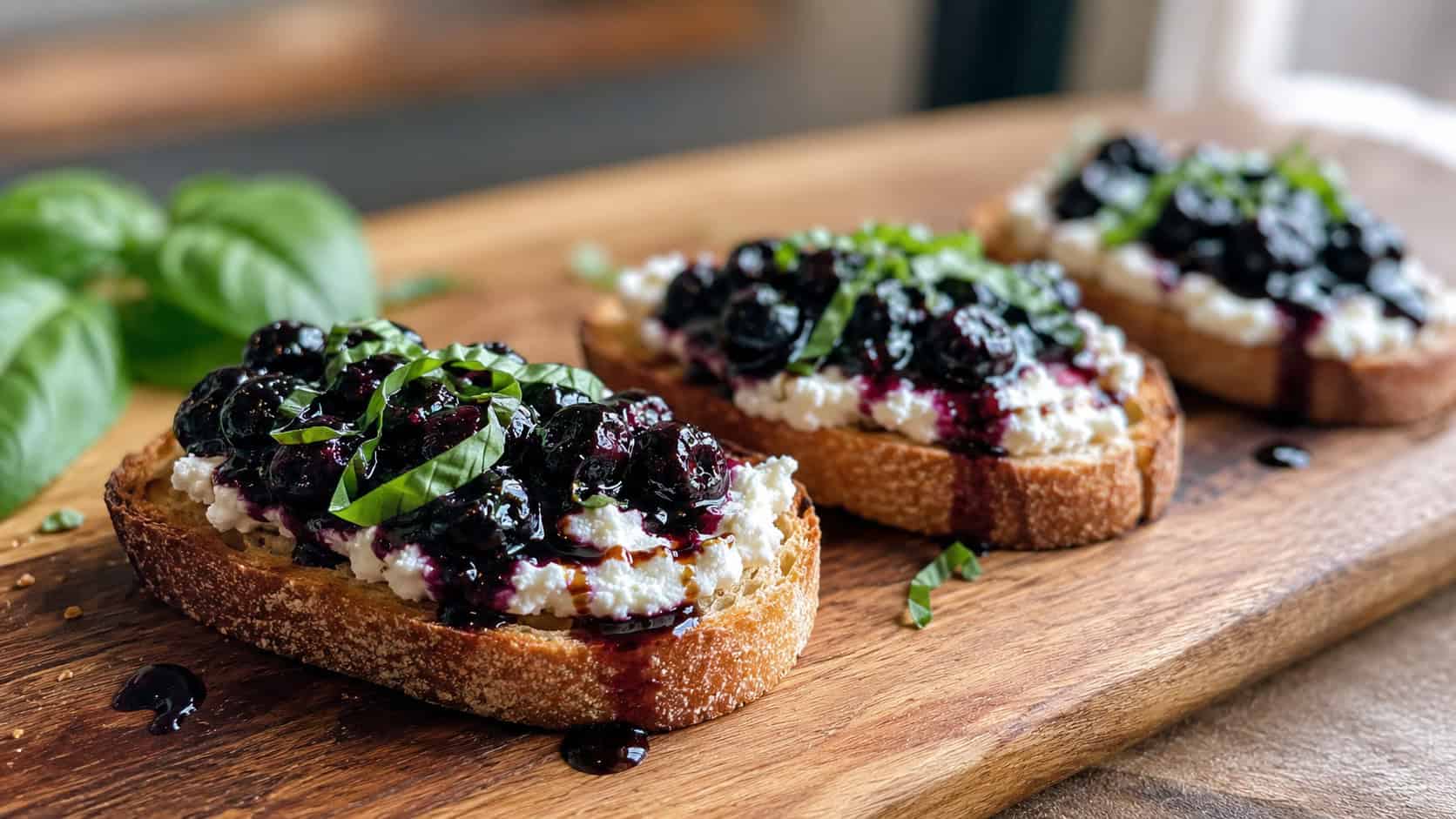 blueberry balsamic bruschetta on a wooden board in a wide horizontal shot, glossy blue-purple compote over creamy ricotta, fresh basil, warm natural light, shallow depth of field, landscape orientation
