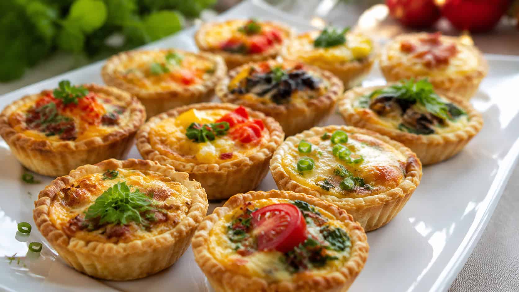 mini quiches with colorful garnishes on a white platter in a wide horizontal shot, golden crusts, festive toppings, bright natural light, shallow depth of field, landscape orientation