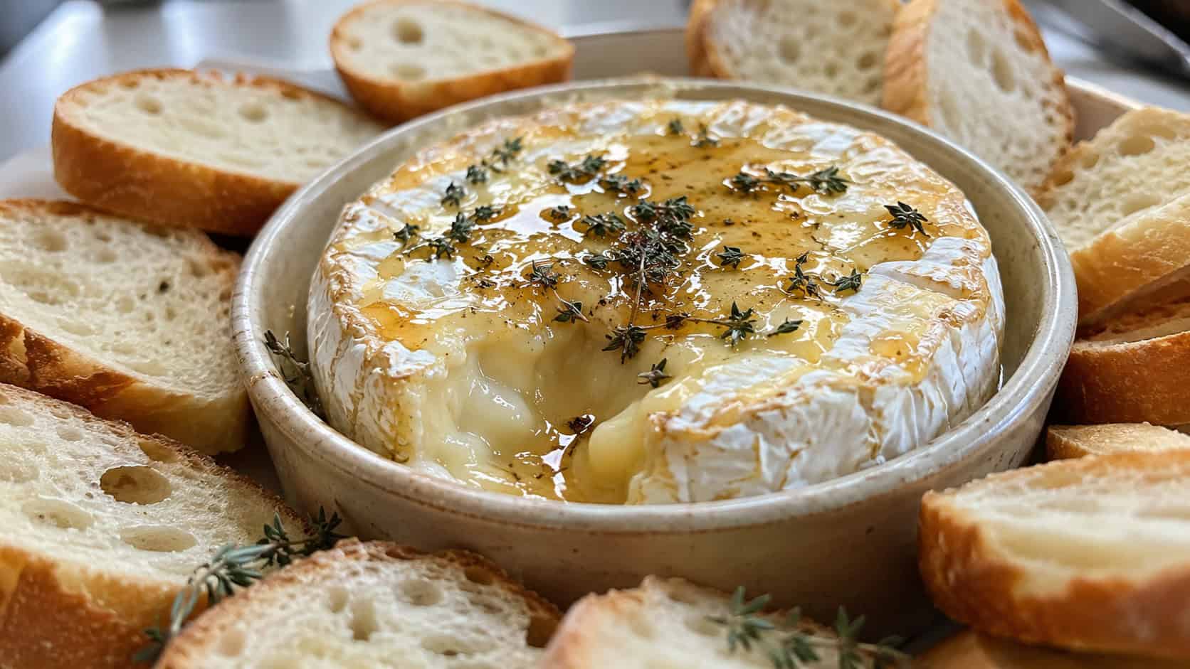 a molten baked brie drizzled with golden honey and thyme in a wide horizontal shot, in a small dish surrounded by baguette slices, natural light, shallow depth of field, landscape orientation
