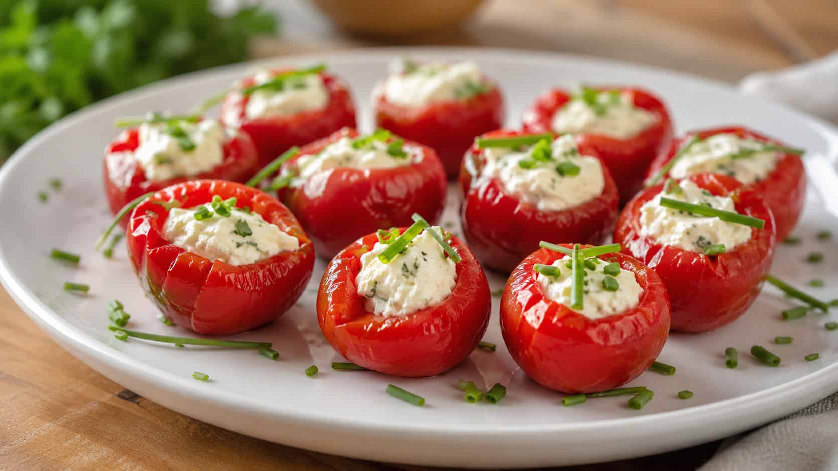 bright red peppadew peppers stuffed with creamy herbed cheese in a wide horizontal shot, arranged on a white plate with chives, natural light, shallow depth of field, landscape orientation