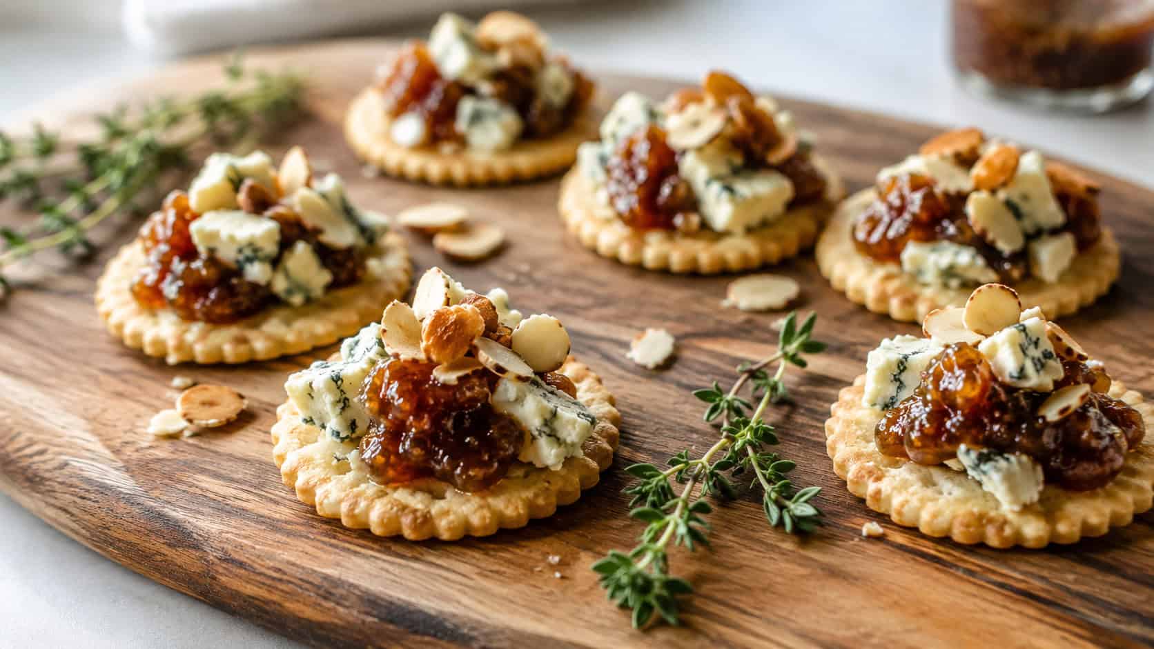 crackers topped with blue cheese, fig jam, and toasted almonds in a wide horizontal shot, arranged on a wooden board with thyme, natural light, shallow depth of field, landscape orientation