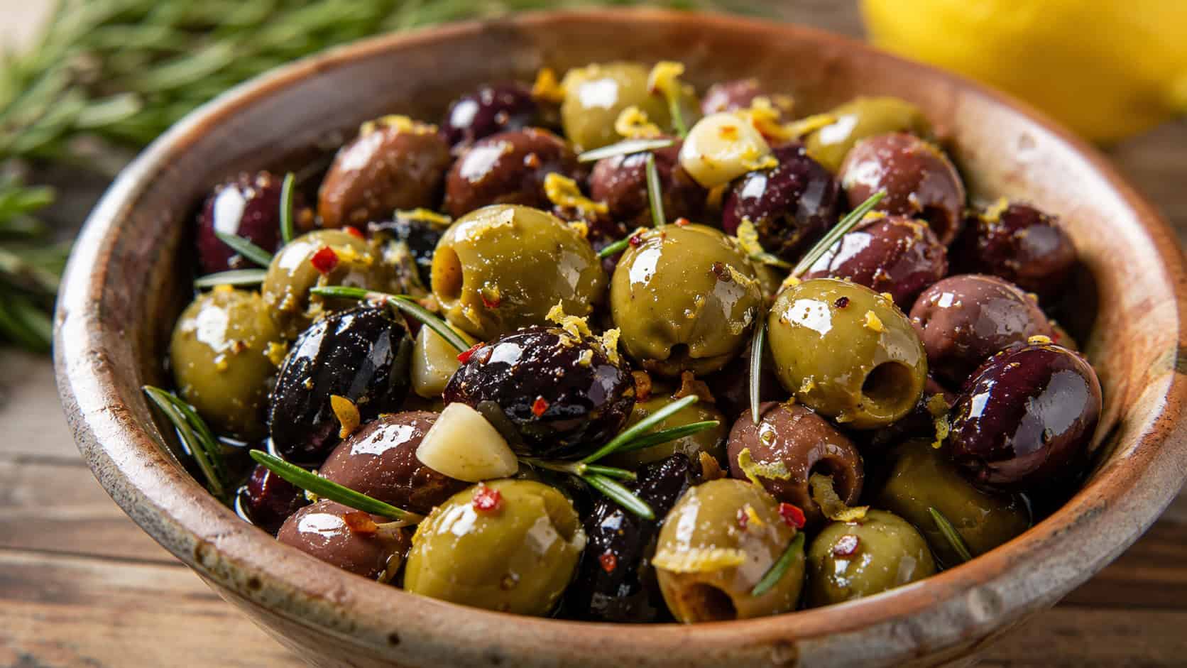 glossy marinated mixed olives with garlic, rosemary, and chili flakes in a wide horizontal shot, in a rustic bowl with lemon zest, natural light, shallow depth of field, landscape orientation