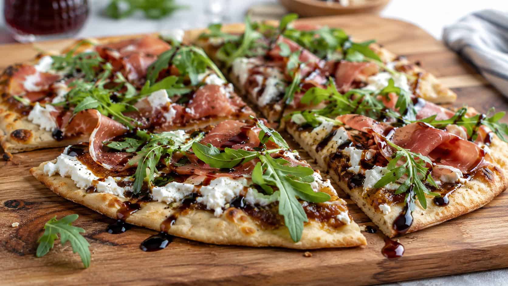 a sliced flatbread topped with fig jam, ricotta, prosciutto, and arugula in a wide horizontal shot, on a wooden board with balsamic drizzle, natural light, shallow depth of field, landscape orientation