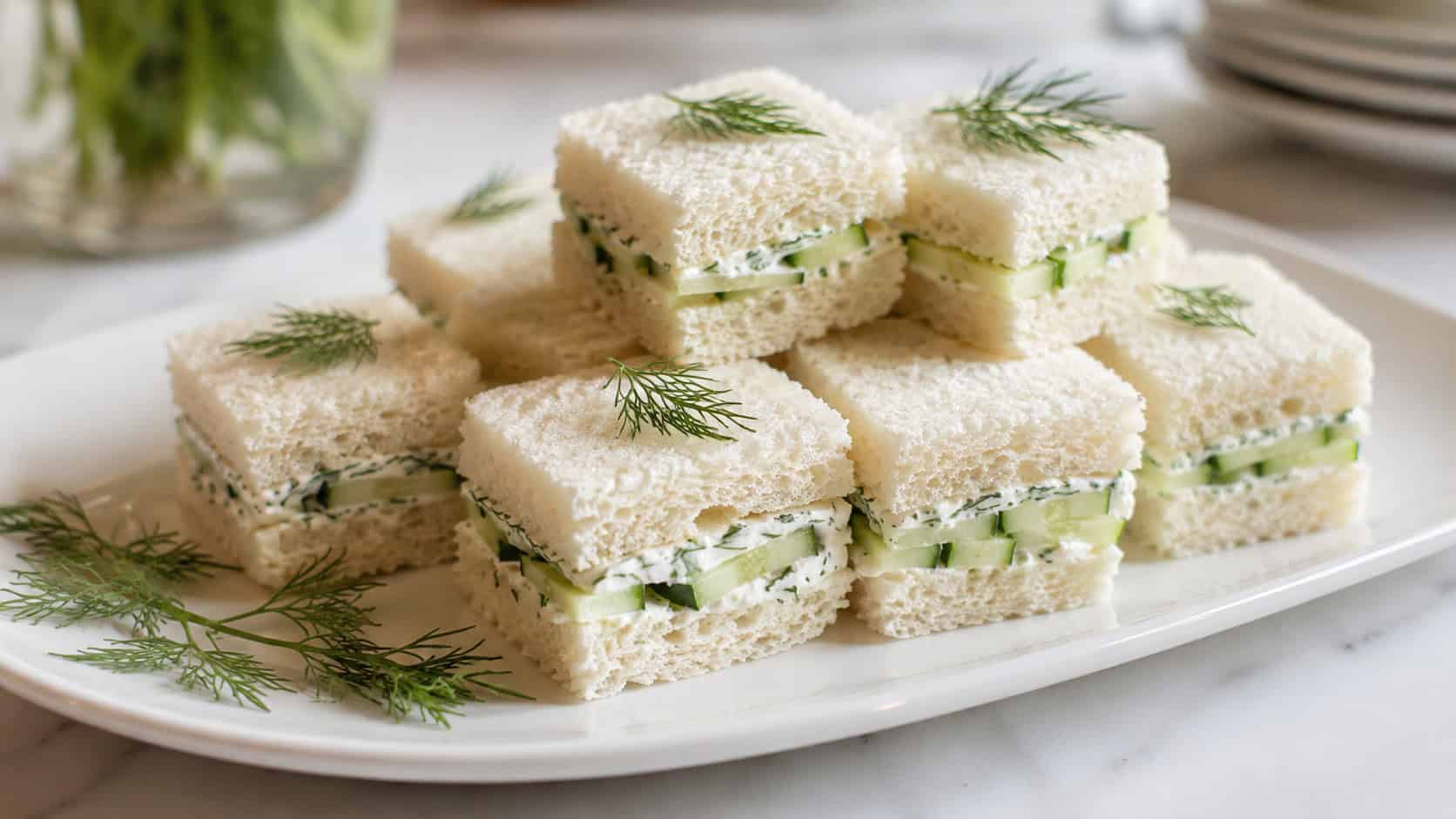 dainty cucumber dill tea sandwiches cut into small squares in a wide horizontal shot, stacked on a white plate with dill, natural light, shallow depth of field, landscape orientation