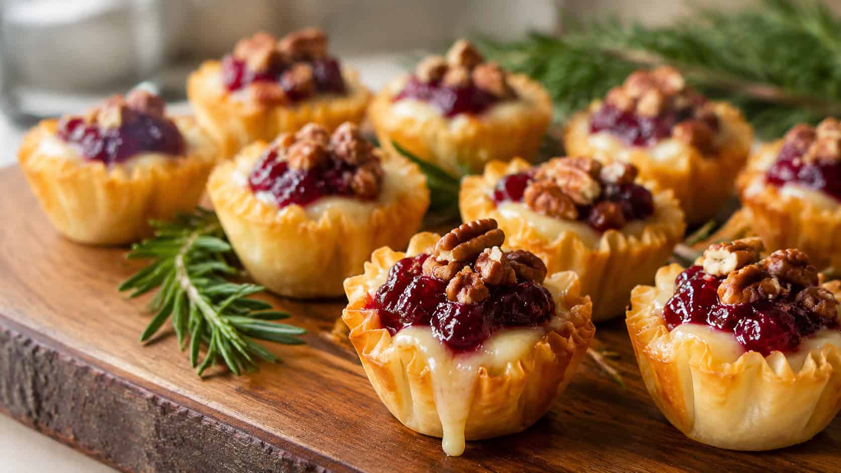 golden phyllo cups filled with melted brie and ruby cranberry sauce topped with pecans in a wide horizontal shot, on a serving board with rosemary, natural light, shallow depth of field, landscape orientation