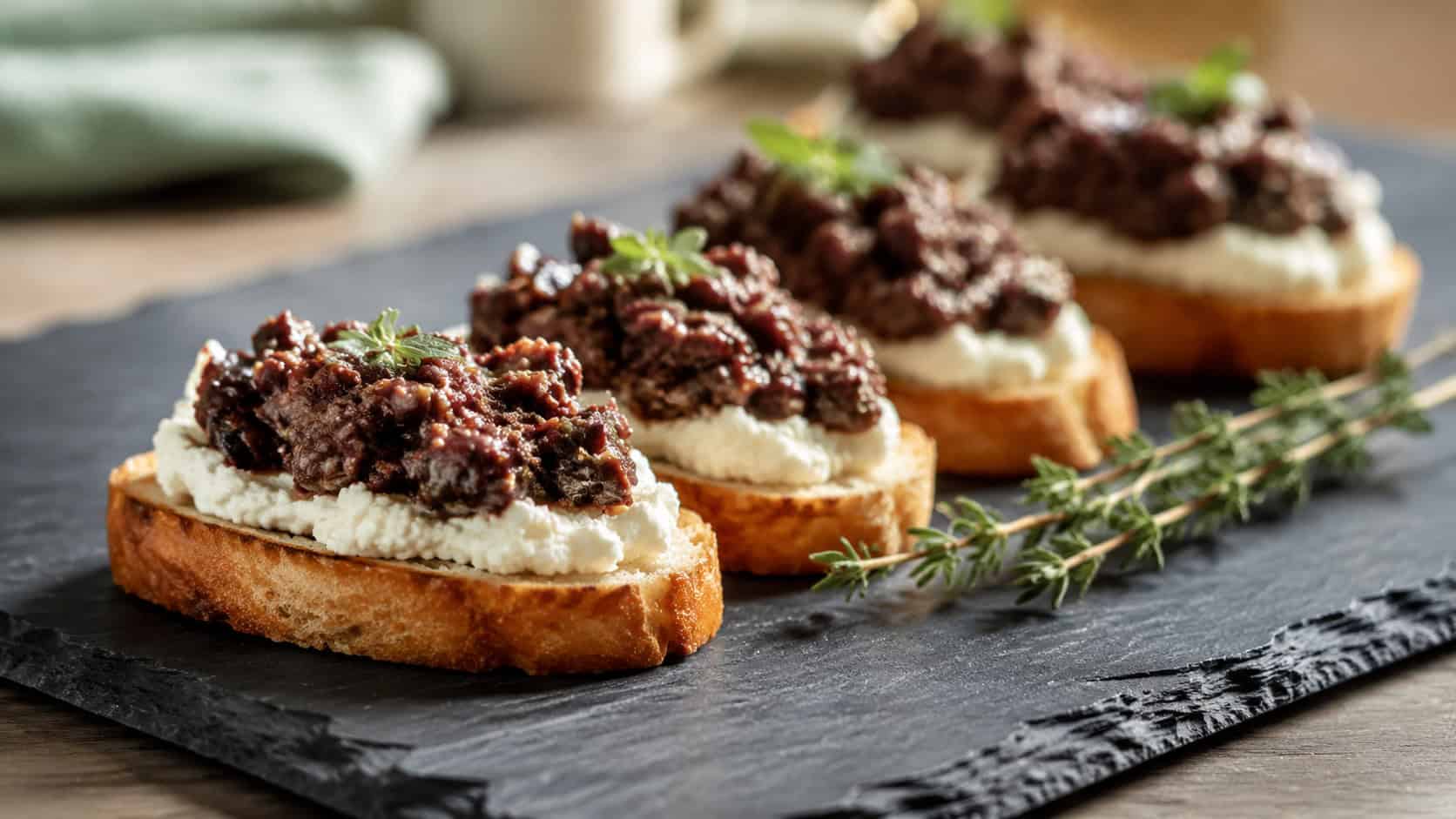 crostini topped with creamy ricotta and dark olive tapenade in a wide horizontal shot, arranged on a slate board with a sprig of thyme, natural light, shallow depth of field, landscape orientation