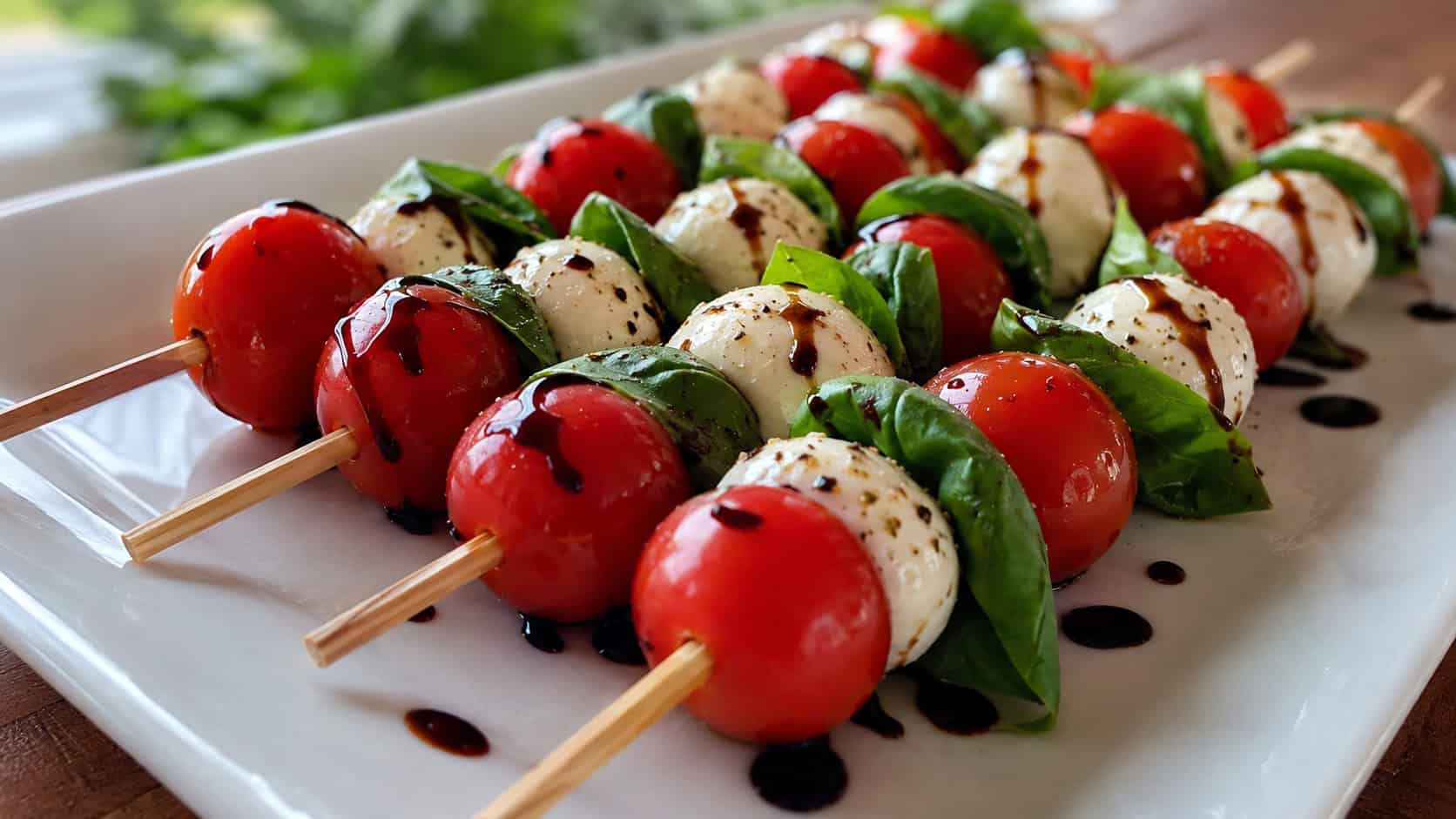 caprese skewers with cherry tomatoes, mozzarella, and basil drizzled with balsamic in a wide horizontal shot, on a white platter, natural light, shallow depth of field, landscape orientation