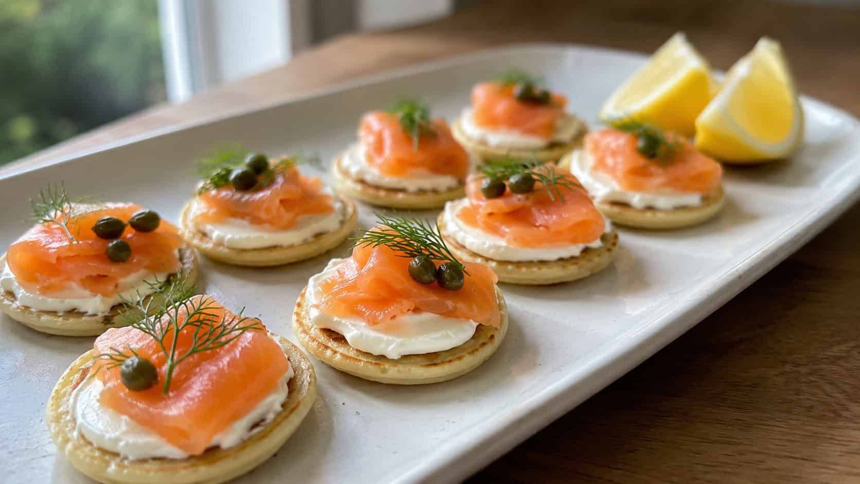 mini blinis topped with cream cheese, smoked salmon, capers, and dill in a wide horizontal shot, on a serving tray with lemon wedges, natural light, shallow depth of field, landscape orientation