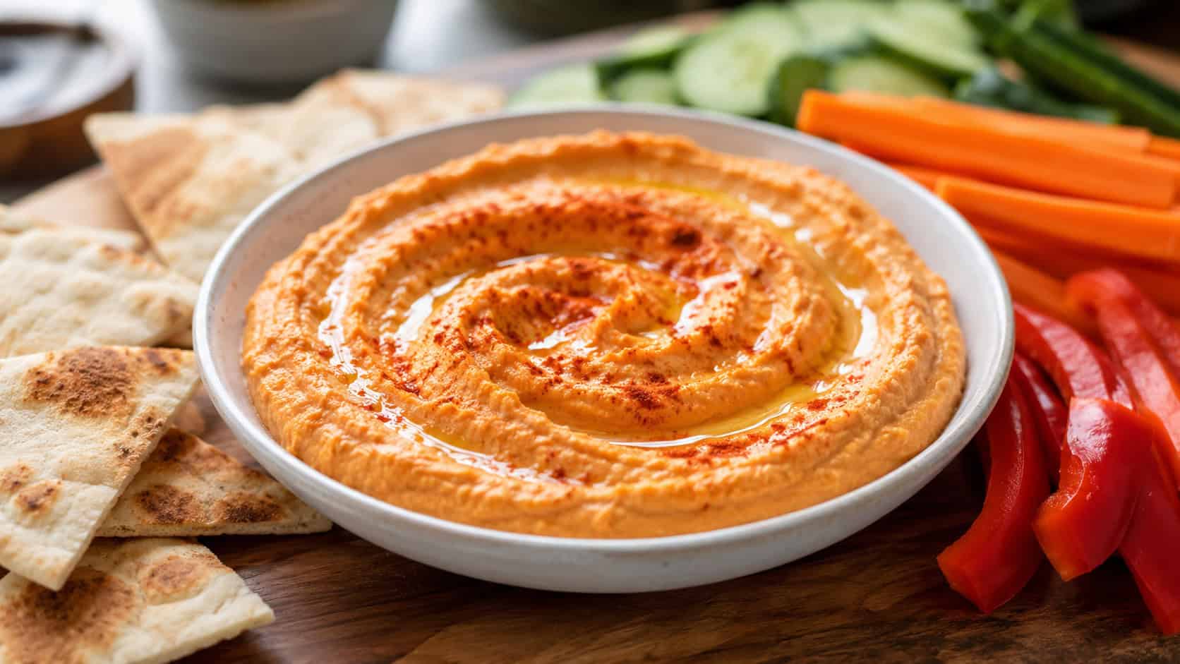 a bowl of creamy roasted red pepper hummus swirled with olive oil and paprika in a wide horizontal shot, surrounded by pita and veggies on a board, natural light, shallow depth of field, landscape orientation