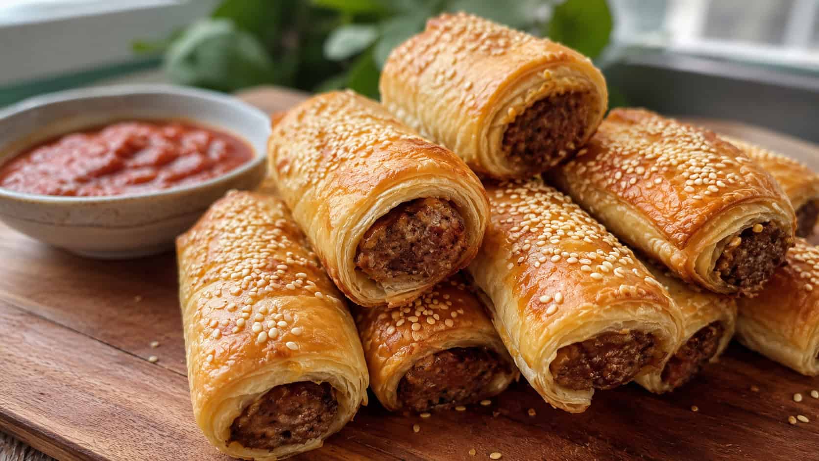 golden flaky sausage rolls sprinkled with sesame seeds in a wide horizontal shot, piled on a board with a bowl of marinara, natural light, shallow depth of field, landscape orientation