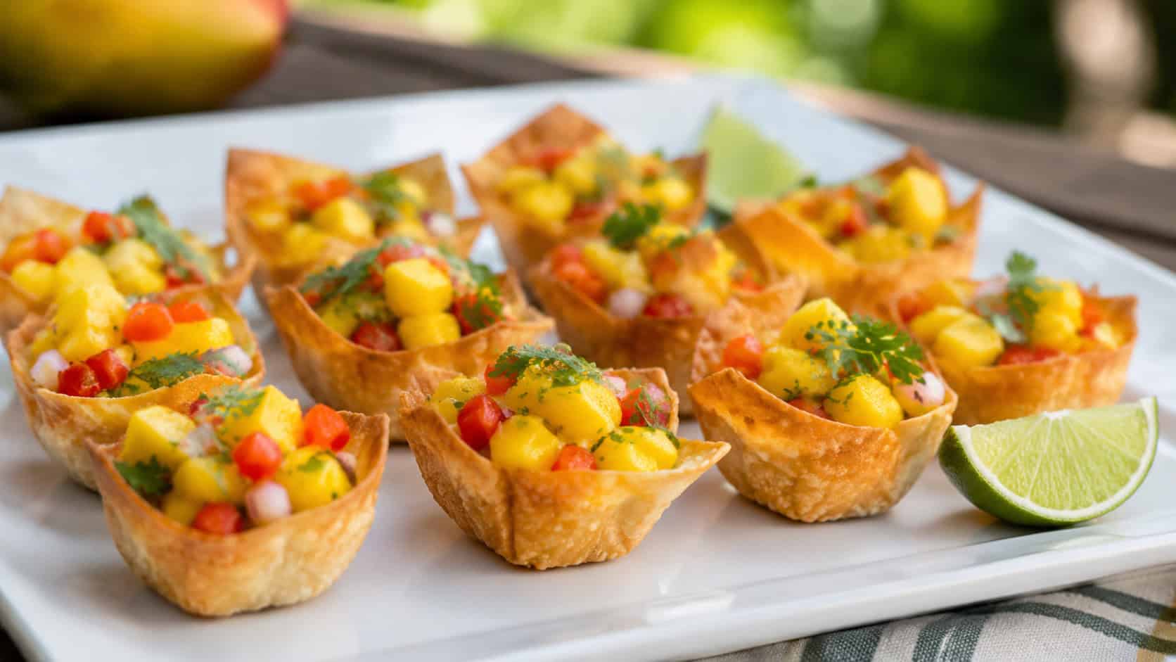 mango salsa wonton bites in a wide horizontal shot, bright yellow and red salsa in crisp golden cups on a white plate with lime wedges, bright natural light, shallow depth of field, landscape orientation
