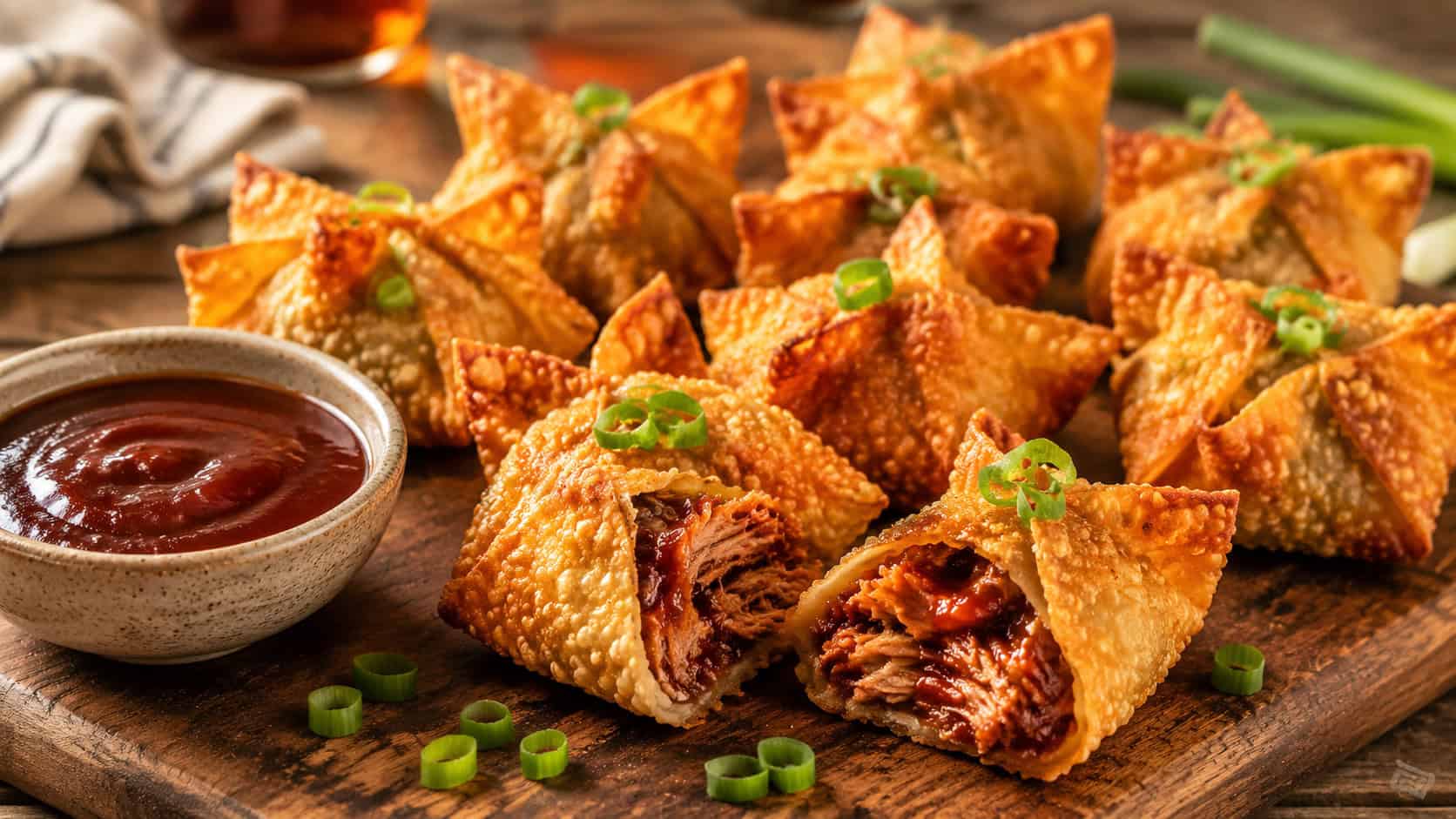 barbecue pulled pork wontons in a wide horizontal shot, crisp golden parcels with a small bowl of barbecue sauce on a rustic wooden board, warm natural light, shallow depth of field, landscape orientation