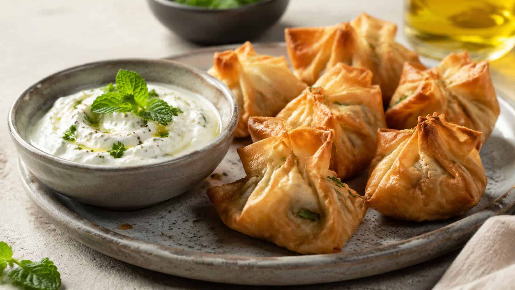 Mediterranean lamb wontons in a wide horizontal shot, crisp golden parcels beside a bowl of creamy white yogurt with mint on a stone surface, natural light, shallow depth of field, landscape orientation
