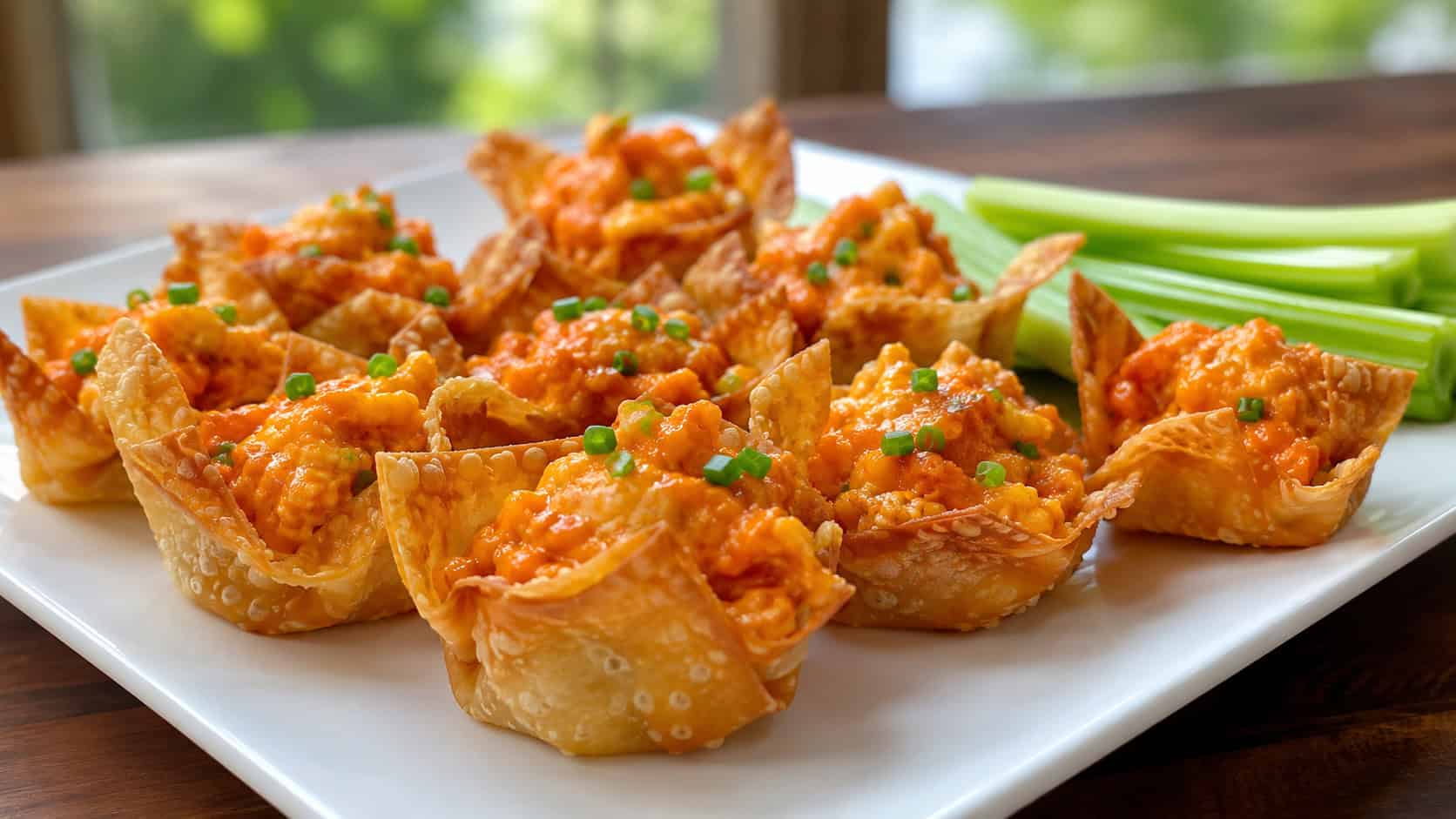 buffalo chicken wonton bites in a wide horizontal shot, glossy orange filling in crisp shells on a white platter with celery sticks, bright natural light, shallow depth of field, landscape orientation