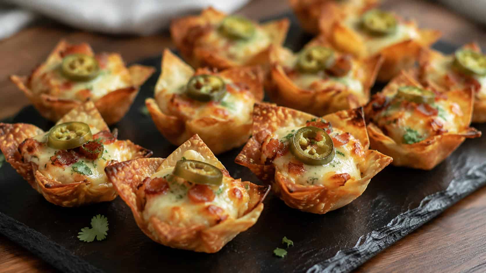 jalapeño popper wonton cups in a wide horizontal shot, bubbly cheese topped with green jalapeño and bacon bits on a slate platter, warm natural light, shallow depth of field, landscape orientation