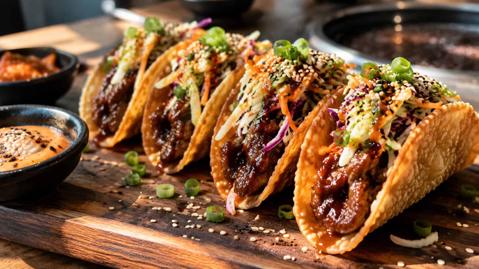 Korean BBQ wonton tacos in a wide horizontal shot, crisp shells filled with glossy beef and slaw lined up on a wooden board, sesame seeds scattered, natural light, shallow depth of field, landscape orientation