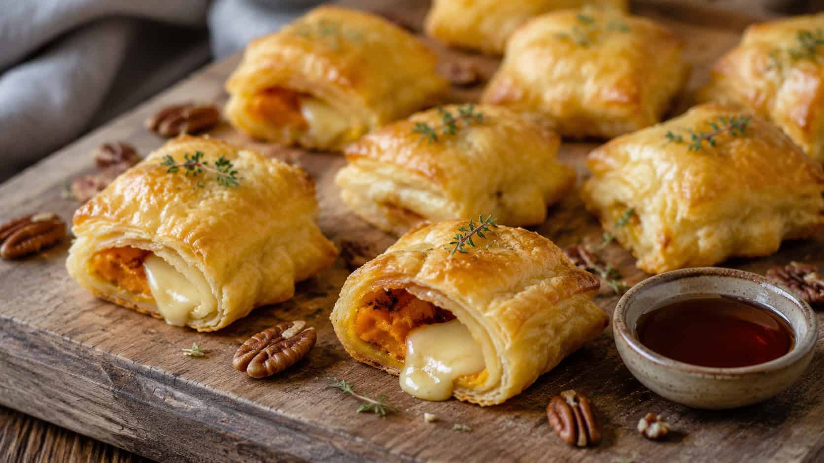 golden puff pastry bites filled with melted brie and spiced pumpkin in a wide horizontal shot, arranged on a rustic wooden board with scattered pecans and a tiny dish of maple syrup, natural light, shallow depth of field, landscape orientation