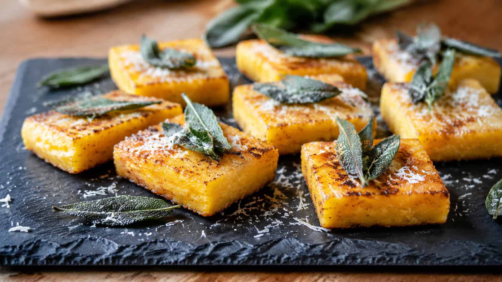 crisp golden polenta squares topped with fried sage in a wide horizontal shot, arranged on a dark slate board with a sprinkle of parmesan, natural light, shallow depth of field, landscape orientation