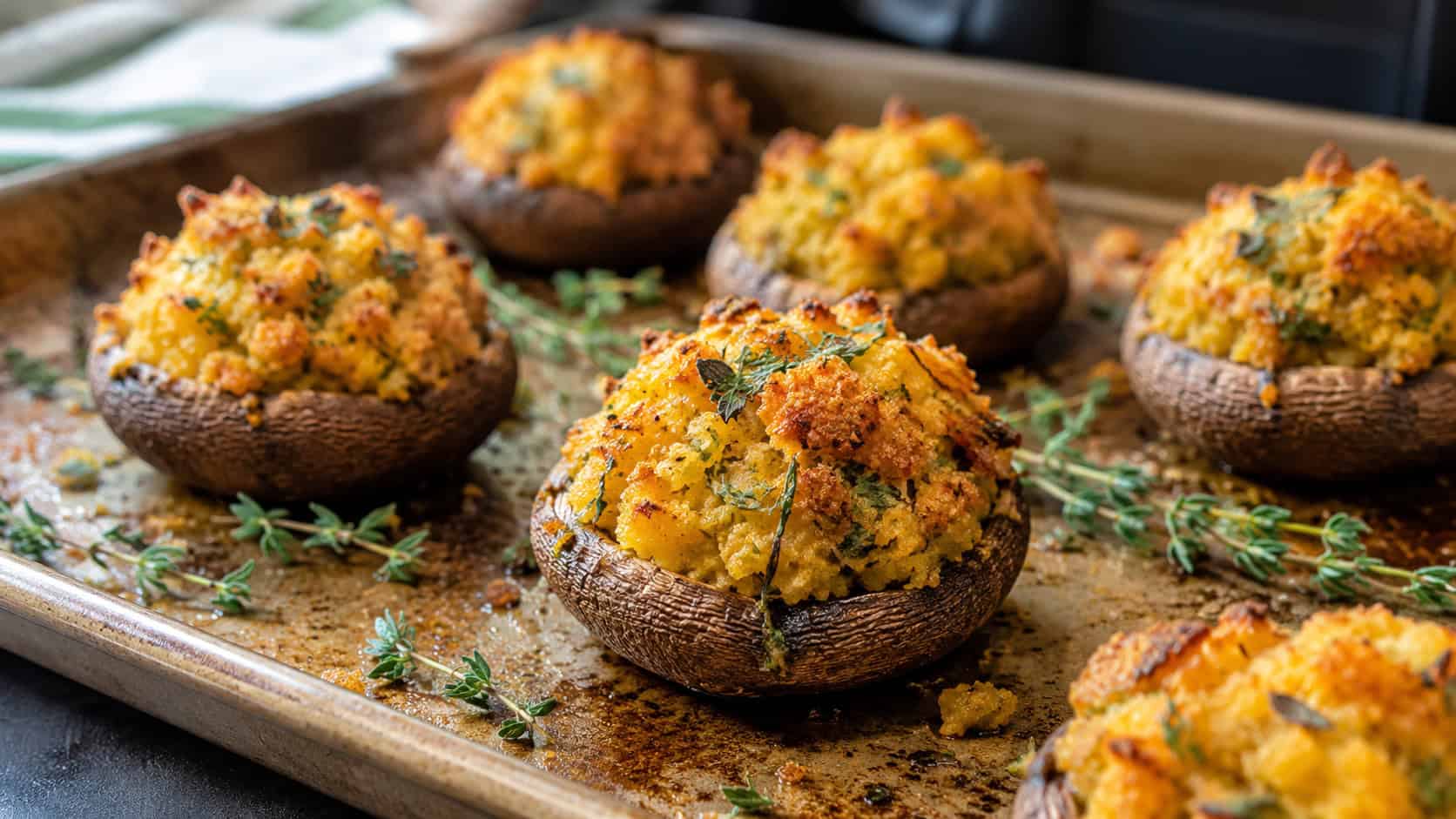 baked stuffed mushroom caps with golden pumpkin breadcrumb filling in a wide horizontal shot, arranged on a baking tray with fresh thyme scattered around, natural light, shallow depth of field, landscape orientation