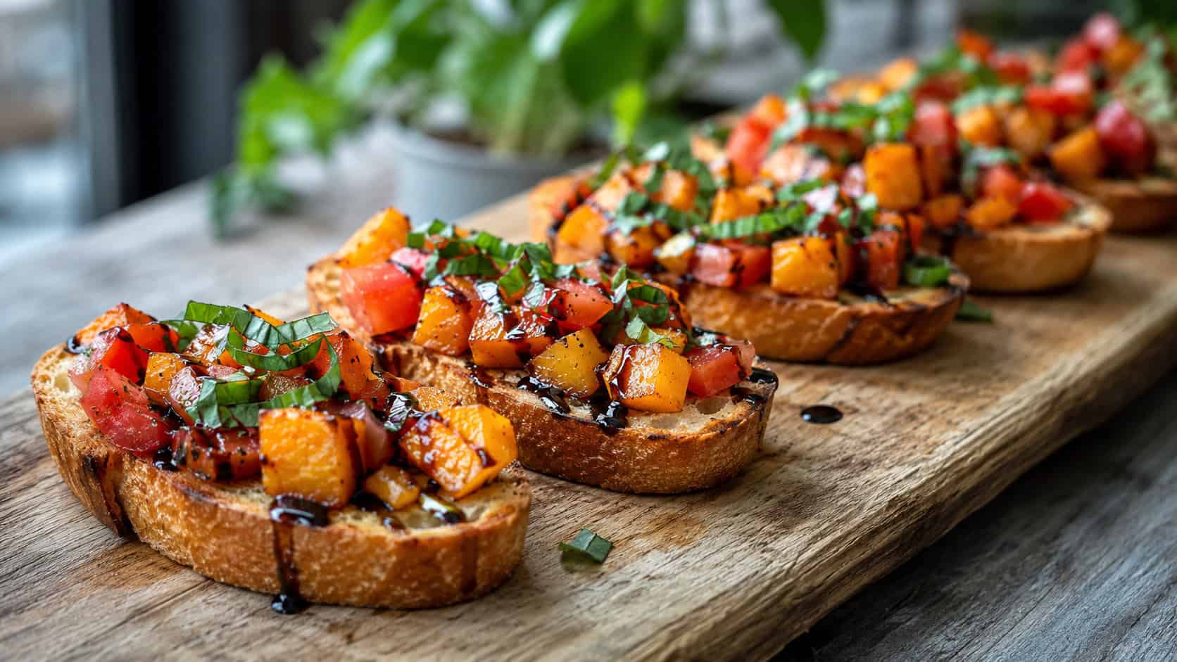 toasted baguette slices topped with diced roasted pumpkin, tomato, and basil in a wide horizontal shot, drizzled with balsamic glaze on a long wooden board, natural light, shallow depth of field, landscape orientation