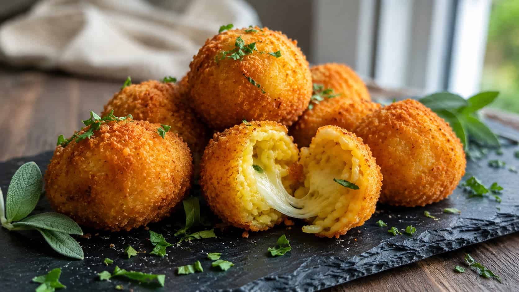crispy golden fried pumpkin risotto balls in a wide horizontal shot, piled on a slate platter with one split open to show the melty cheese center, fresh herbs scattered around, natural light, shallow depth of field, landscape orientation