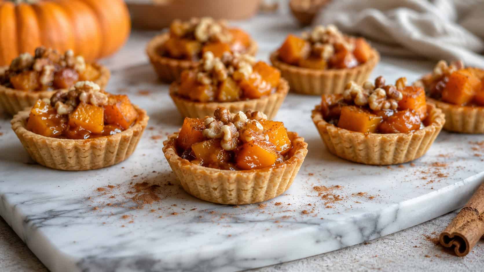 golden mini tartlets filled with glossy caramelized pumpkin and walnuts in a wide horizontal shot, arranged on a marble board with a dusting of cinnamon, natural light, shallow depth of field, landscape orientation