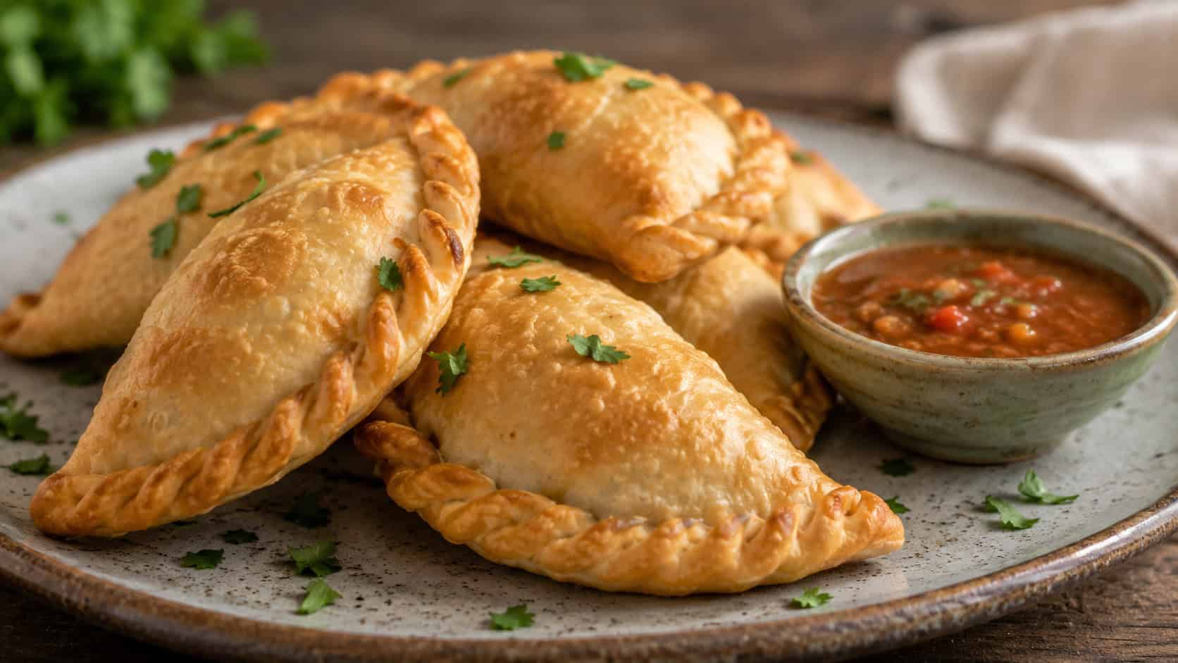 golden crimped empanadas with flaky edges in a wide horizontal shot, stacked on a rustic plate with a small bowl of dipping sauce, natural light, shallow depth of field, landscape orientation