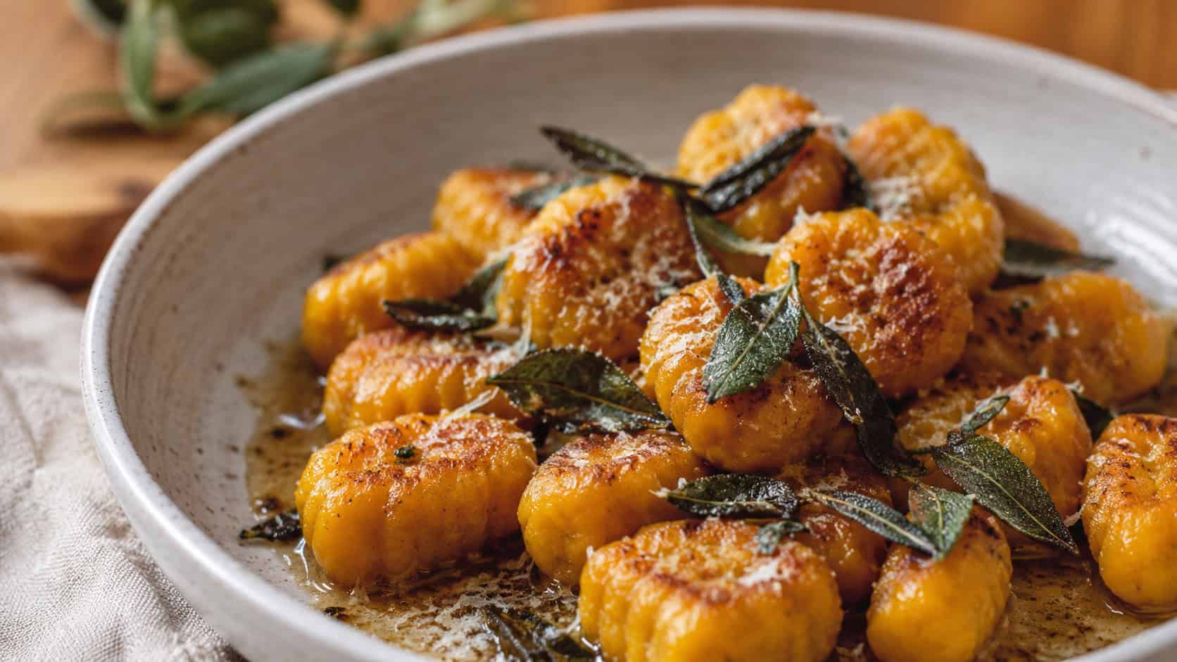 golden seared pumpkin gnocchi in browned sage butter in a wide horizontal shot, plated in a shallow bowl with crispy sage leaves and grated parmesan, natural light, shallow depth of field, landscape orientation