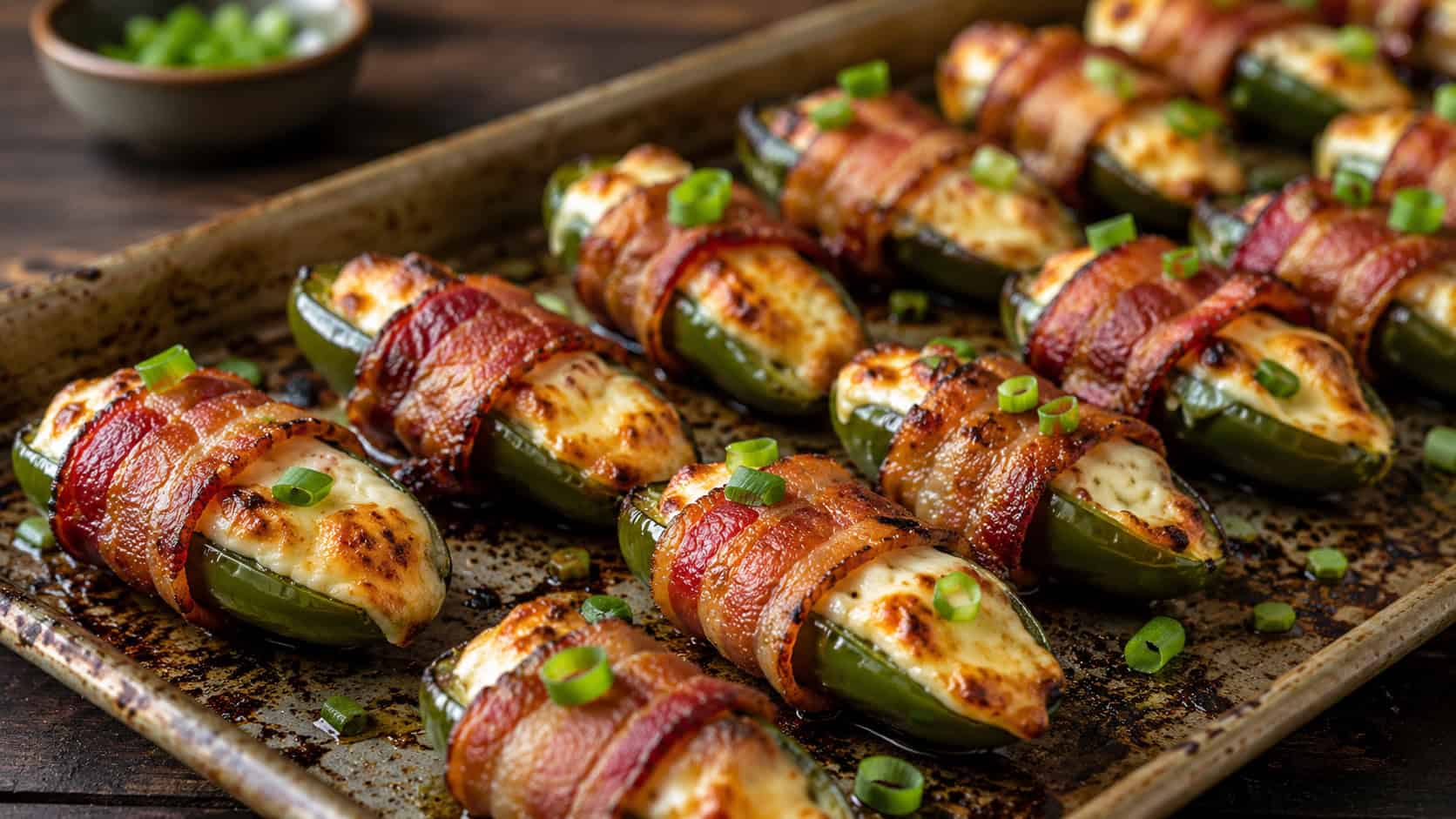 bacon-wrapped jalapeño poppers lined up on a rustic baking tray in a wide horizontal shot, crispy bacon and bubbling cheese filling, a scattering of green onion, dark wooden table, warm natural light, shallow depth of field, landscape orientation