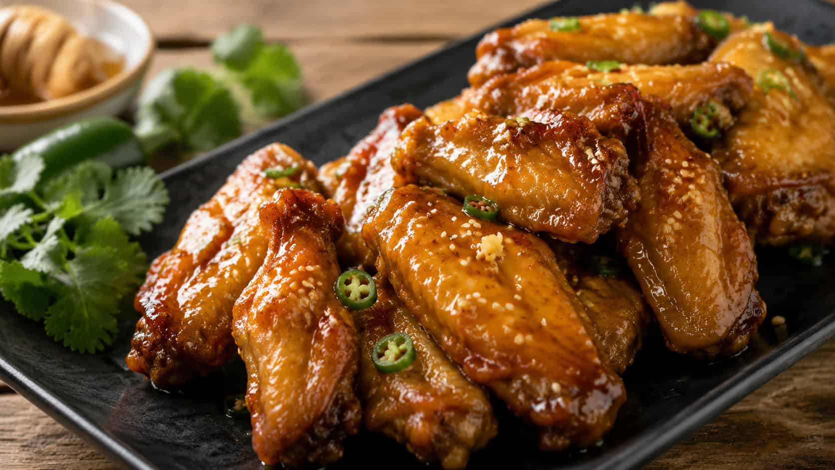glossy honey-glazed chicken wings piled on a dark platter in a wide horizontal shot, sticky sauce catching the light, minced jalapeño and sesame on top, fresh herbs nearby, warm natural light, shallow depth of field, landscape orientation