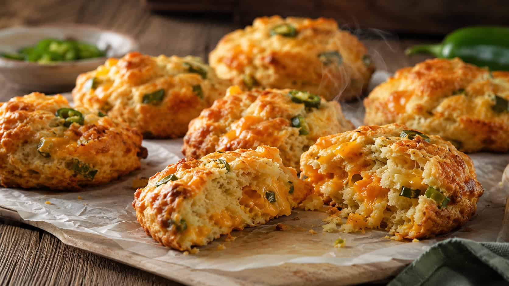 golden cheddar scones arranged on parchment in a wide horizontal shot, flaky layers and melty cheese with green jalapeño flecks, one broken open showing steam, rustic table, warm natural light, shallow depth of field, landscape orientation