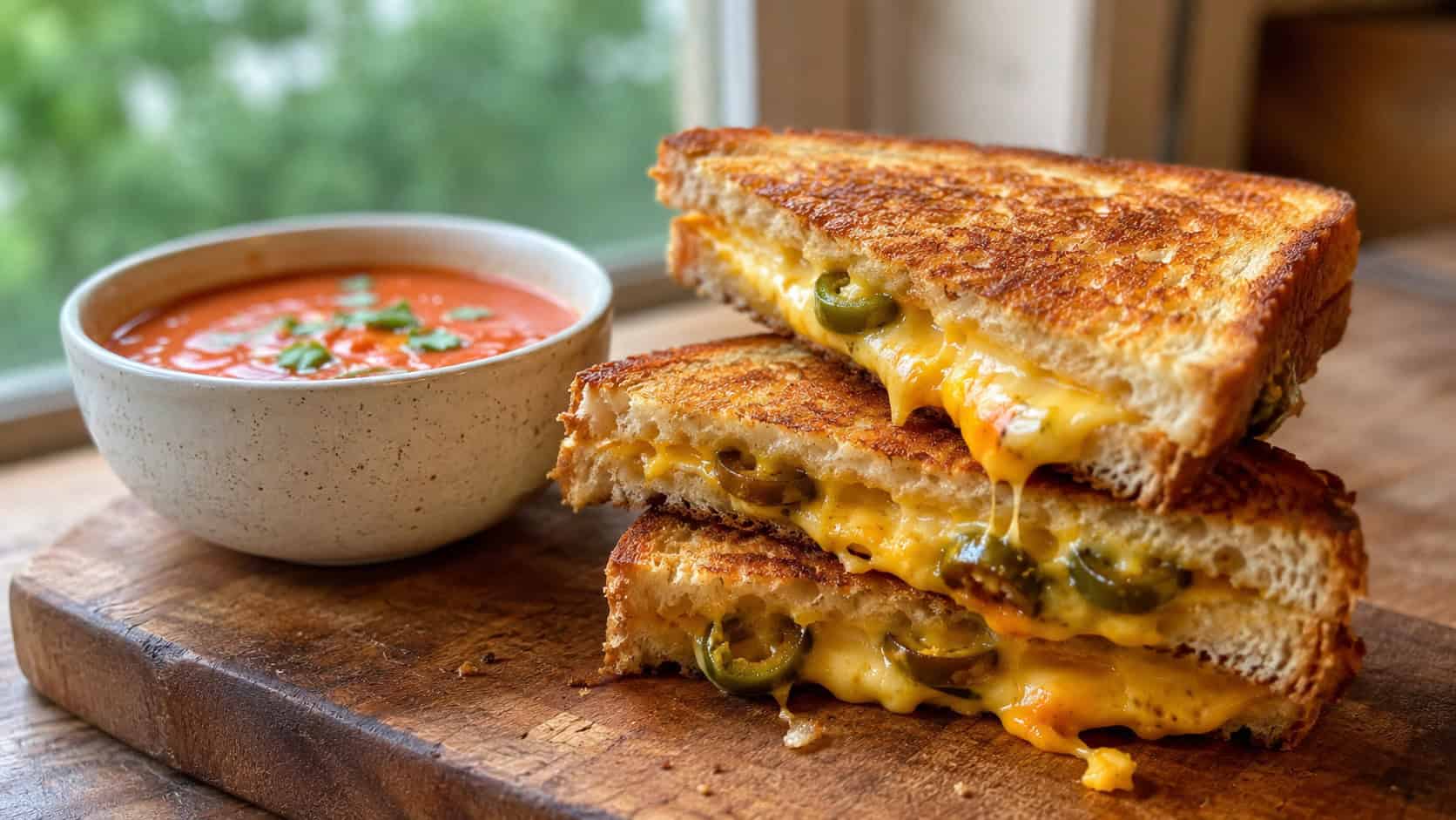 grilled cheese triangles stacked on a wooden board in a wide horizontal shot, golden crispy bread with cheese and jalapeño oozing out, a small bowl of tomato soup beside it, warm natural light, shallow depth of field, landscape orientation