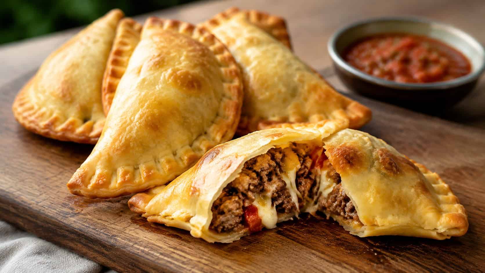 golden baked empanadas with crimped edges on a wooden board in a wide horizontal shot, one broken open to show the spicy beef and cheese filling, a small bowl of salsa nearby, warm natural light, shallow depth of field, landscape orientation