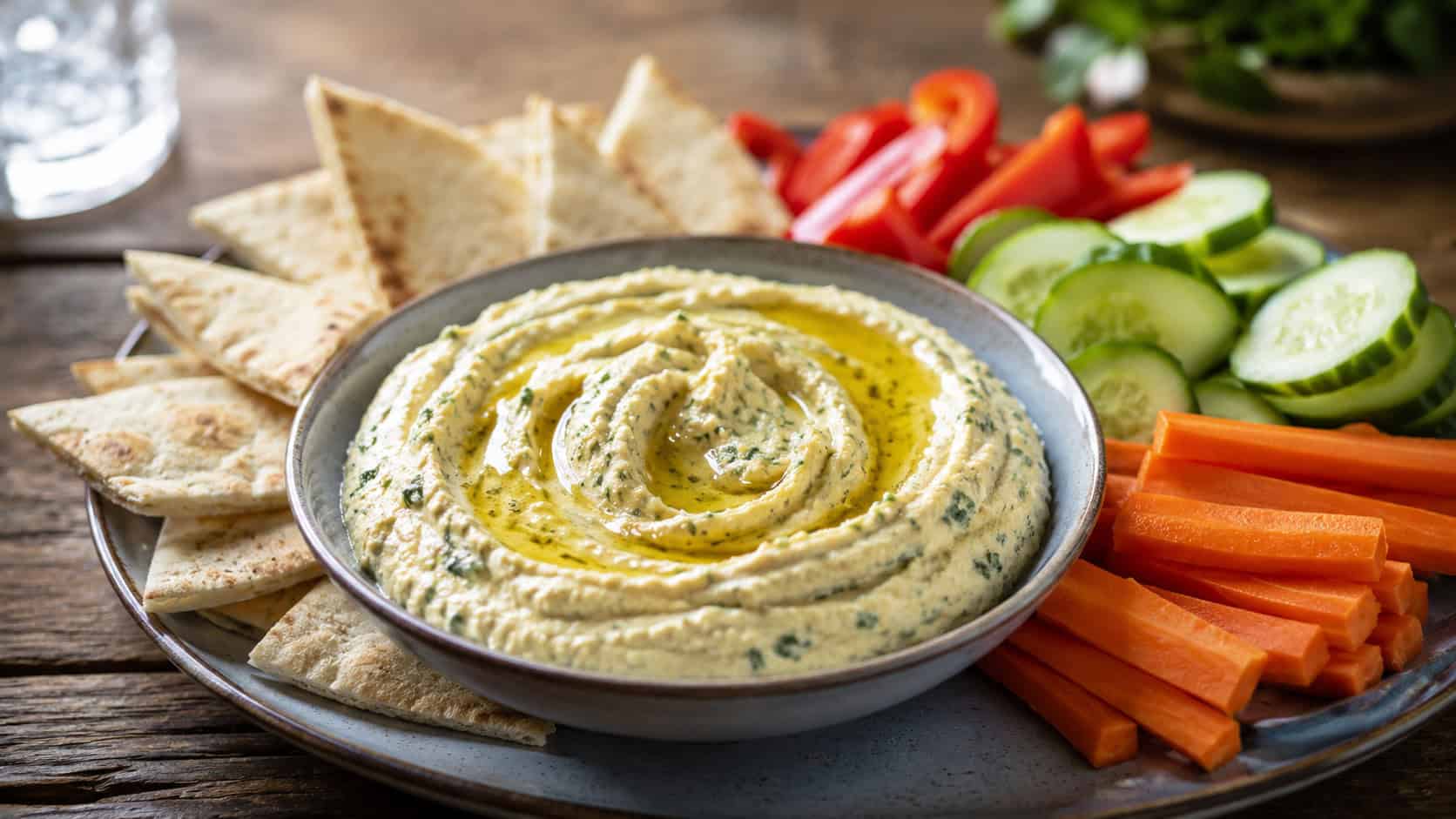 creamy green-flecked hummus swirled in a shallow bowl in a wide horizontal composition, a drizzle of olive oil pooling on top, pita wedges and veggies fanned around it, rustic table, natural light, shallow depth of field, landscape orientation