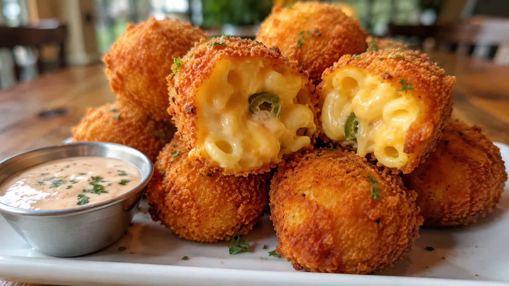 crispy golden mac and cheese bites piled on a plate in a wide horizontal shot, one split open to show the gooey cheesy center flecked with jalapeño, a small dish of dipping sauce nearby, warm natural light, shallow depth of field, landscape orientation