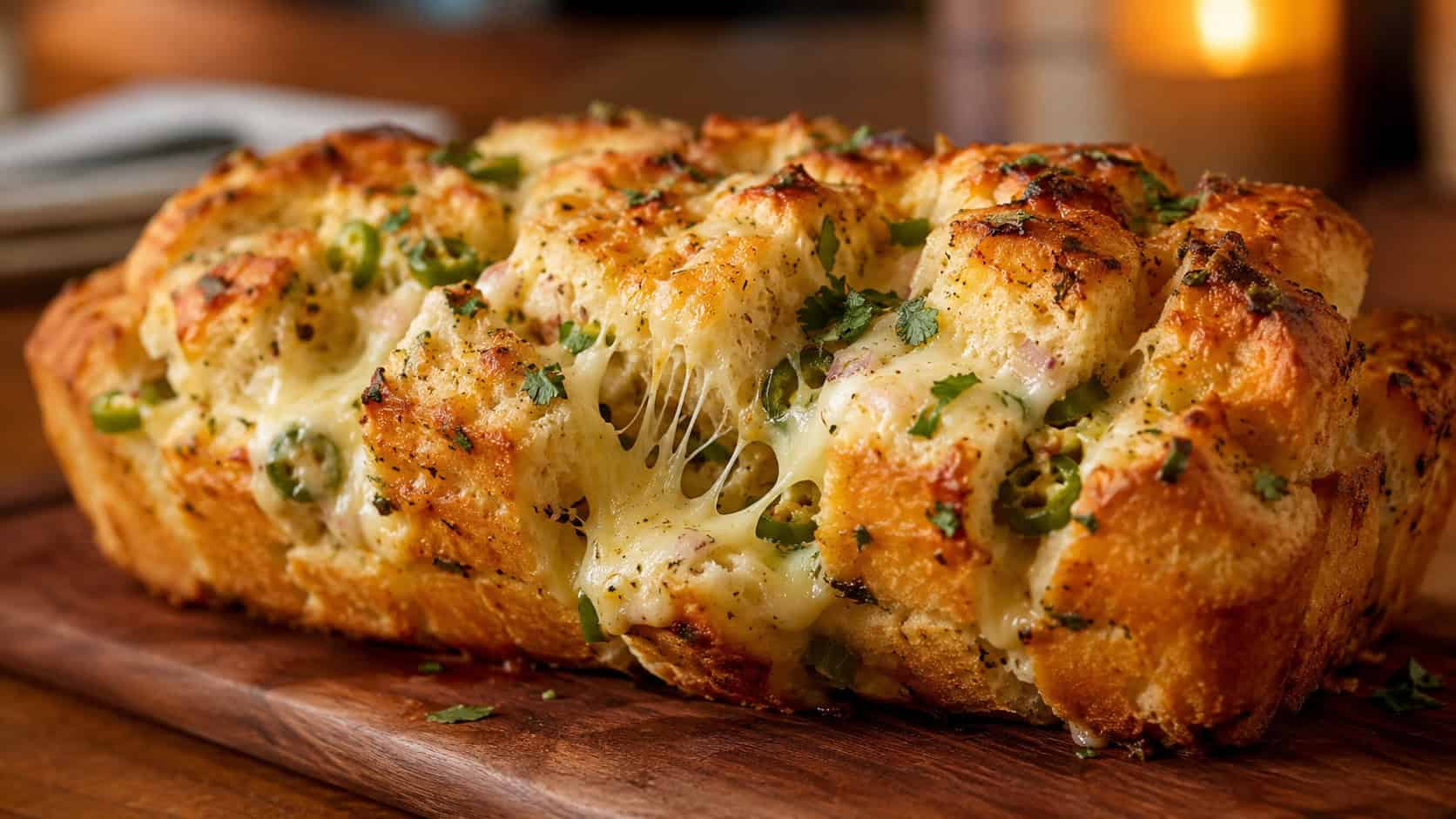 a golden pull-apart cheesy bread loaf on a wooden board in a wide horizontal shot, melted cheese stretching between the pieces, flecks of green jalapeño and onion, warm cozy light, shallow depth of field, landscape orientation
