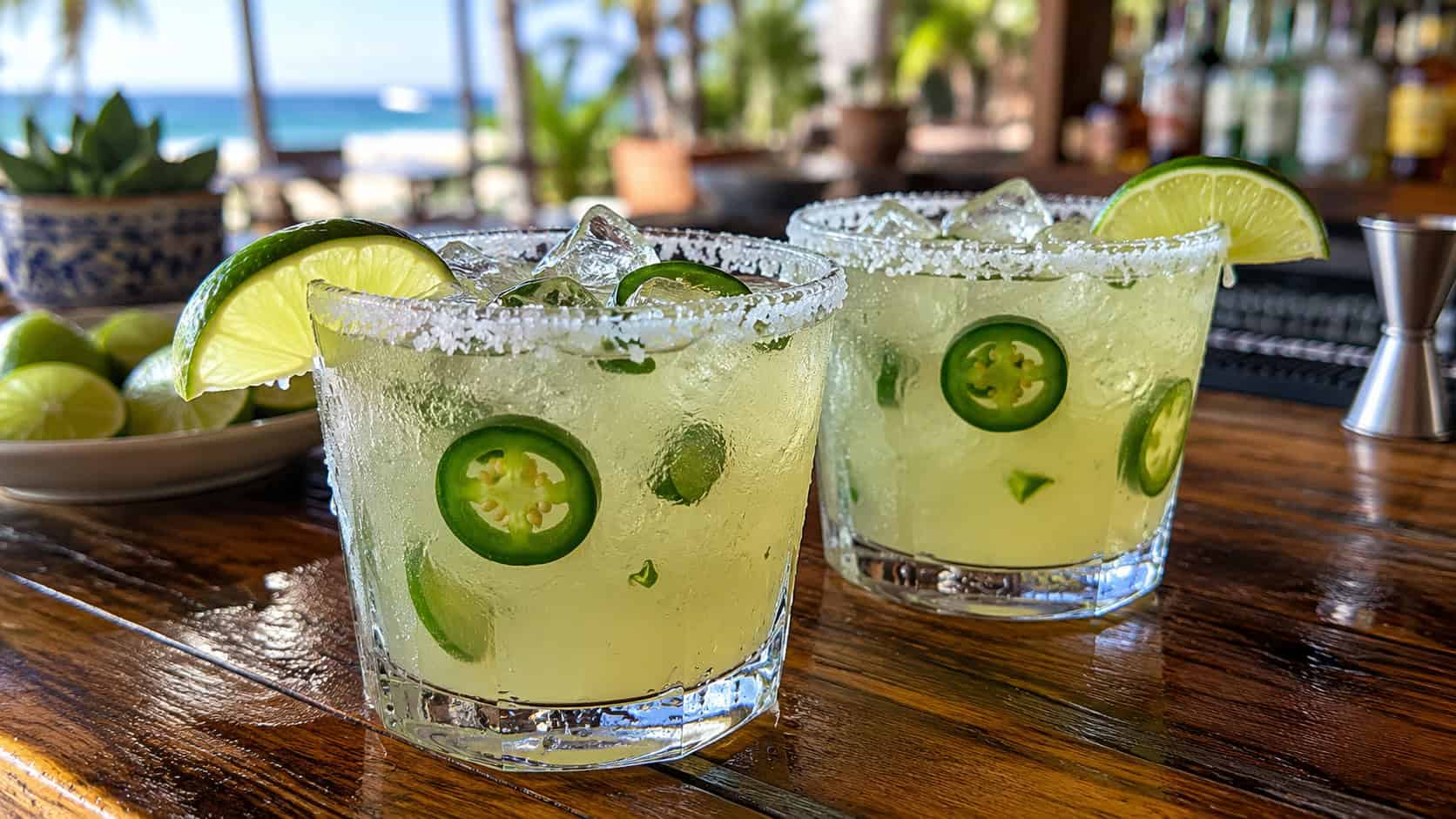 two salt-rimmed margaritas on a wooden bar in a wide horizontal shot, pale green drinks over ice with floating jalapeño slices and lime wedges, condensation on the glasses, bright natural light, shallow depth of field, landscape orientation