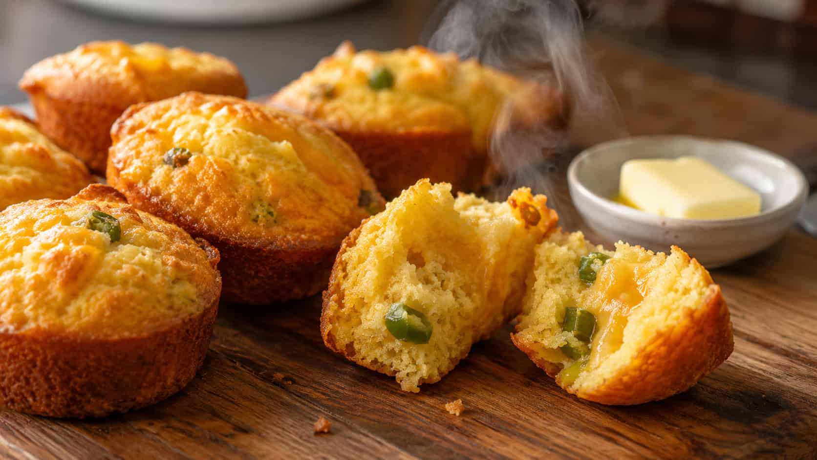 golden cornbread muffins in a wide horizontal composition on a wooden board, flecks of green jalapeño and melty cheddar visible, one muffin split open with steam, a small dish of butter nearby, warm natural light, shallow depth of field, landscape orientation