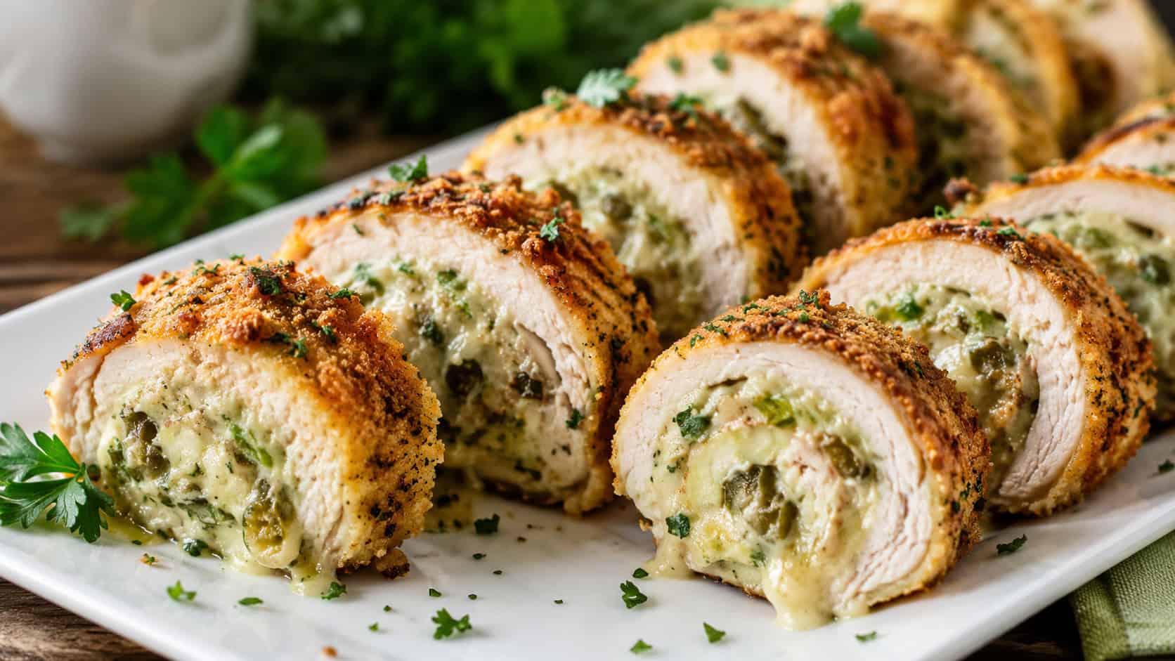 sliced stuffed chicken pinwheels on a white platter in a wide horizontal shot, creamy jalapeño filling spiraling through golden breaded chicken, fresh parsley garnish, natural light, shallow depth of field, landscape orientation