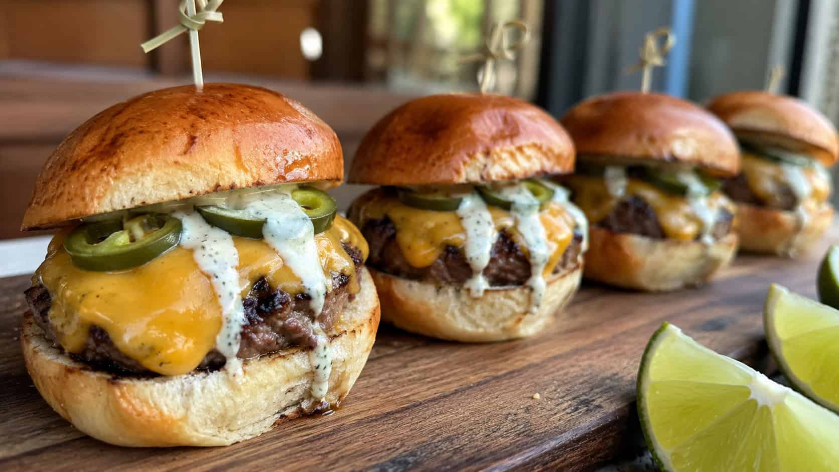 a row of mini cheeseburger sliders on a wooden board in a wide horizontal shot, melty cheese, jalapeño slices peeking out, a drizzle of pale crema, lime wedges nearby, warm natural light, shallow depth of field, landscape orientation