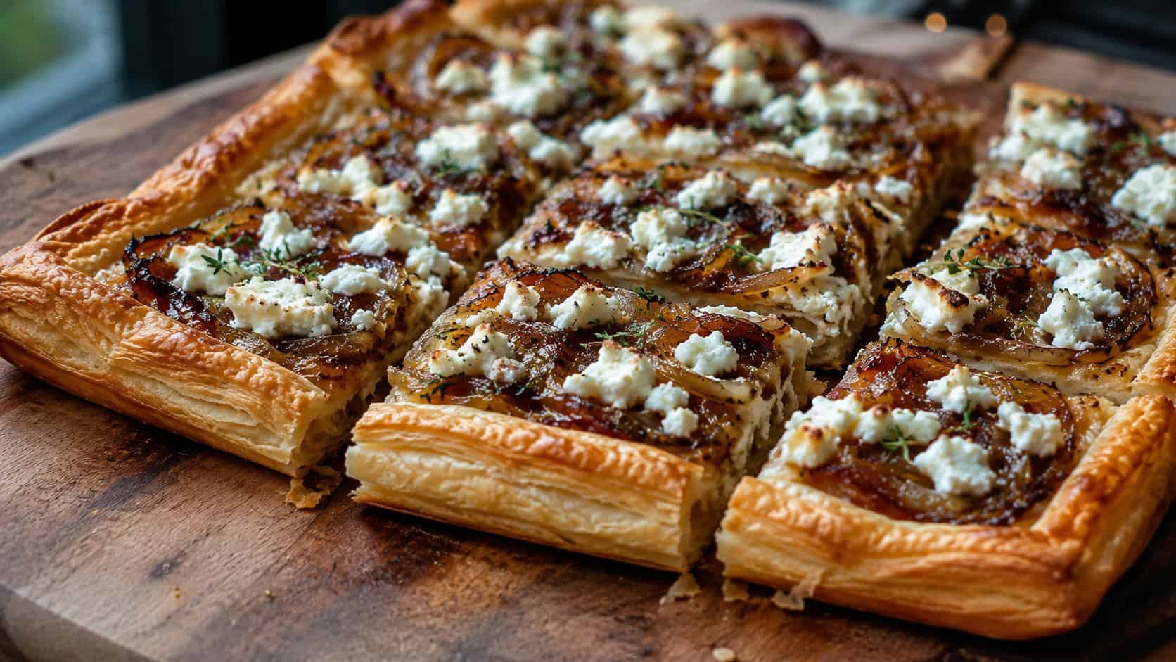 a golden puff pastry tart topped with jammy caramelized onions and crumbled goat cheese sprinkled with thyme, sliced into squares on a wooden board, in a wide horizontal shot, natural light, shallow depth of field, landscape orientation