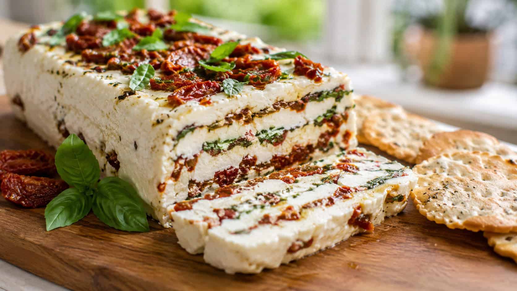 a sliced goat cheese terrine showing colorful layers of red sun-dried tomatoes and green basil on a serving board with crackers, in a wide horizontal shot, natural light, shallow depth of field, landscape orientation