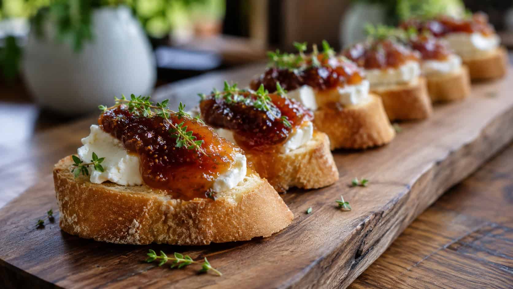 a row of crostini topped with creamy goat cheese, glossy fig jam, and thyme on a long wooden serving board, in a wide horizontal shot, natural light, shallow depth of field, landscape orientation