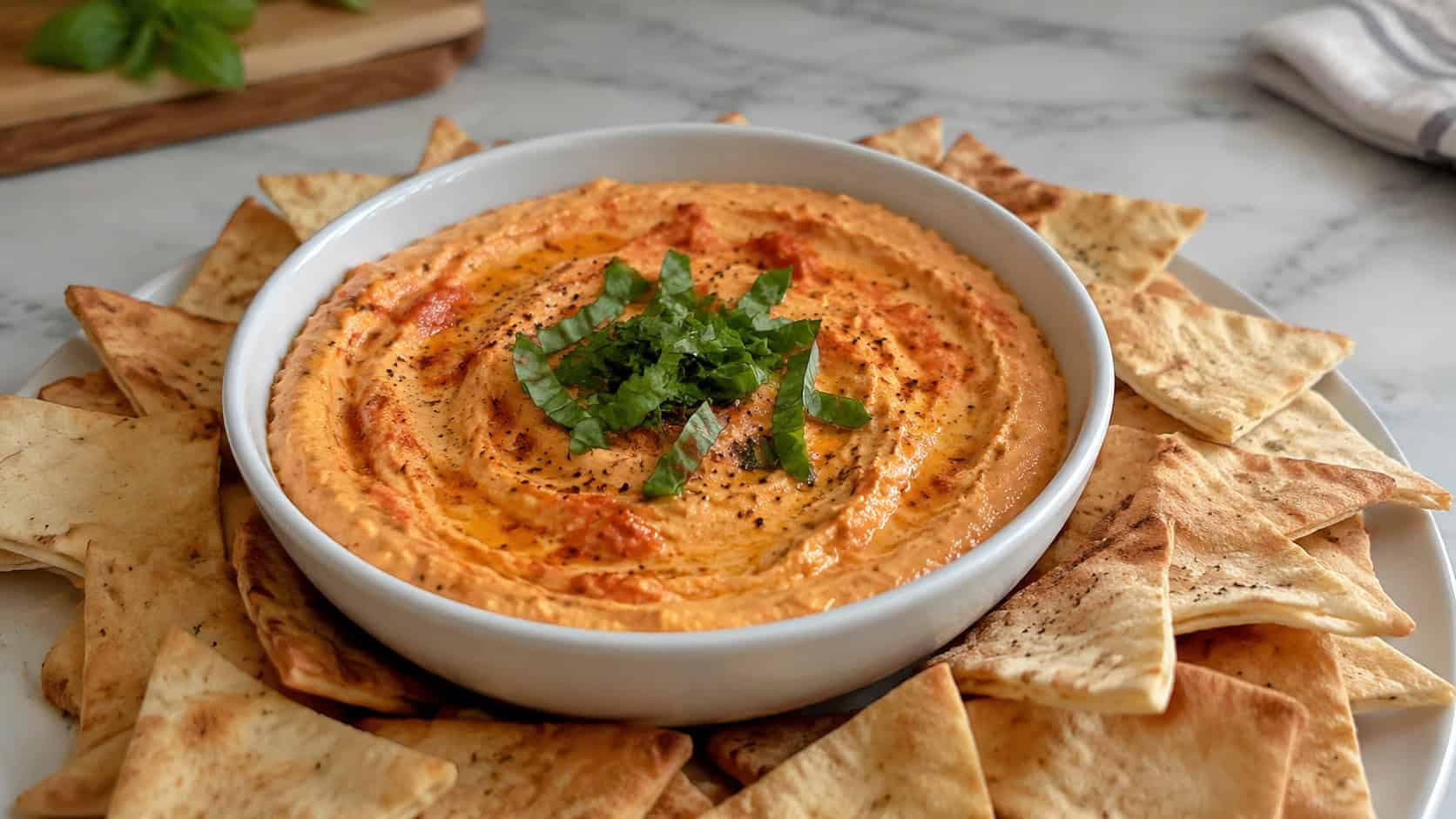 a bowl of creamy orange-pink roasted red pepper goat cheese dip swirled and topped with basil, surrounded by pita chips, in a wide horizontal shot on a marble counter, natural light, shallow depth of field, landscape orientation